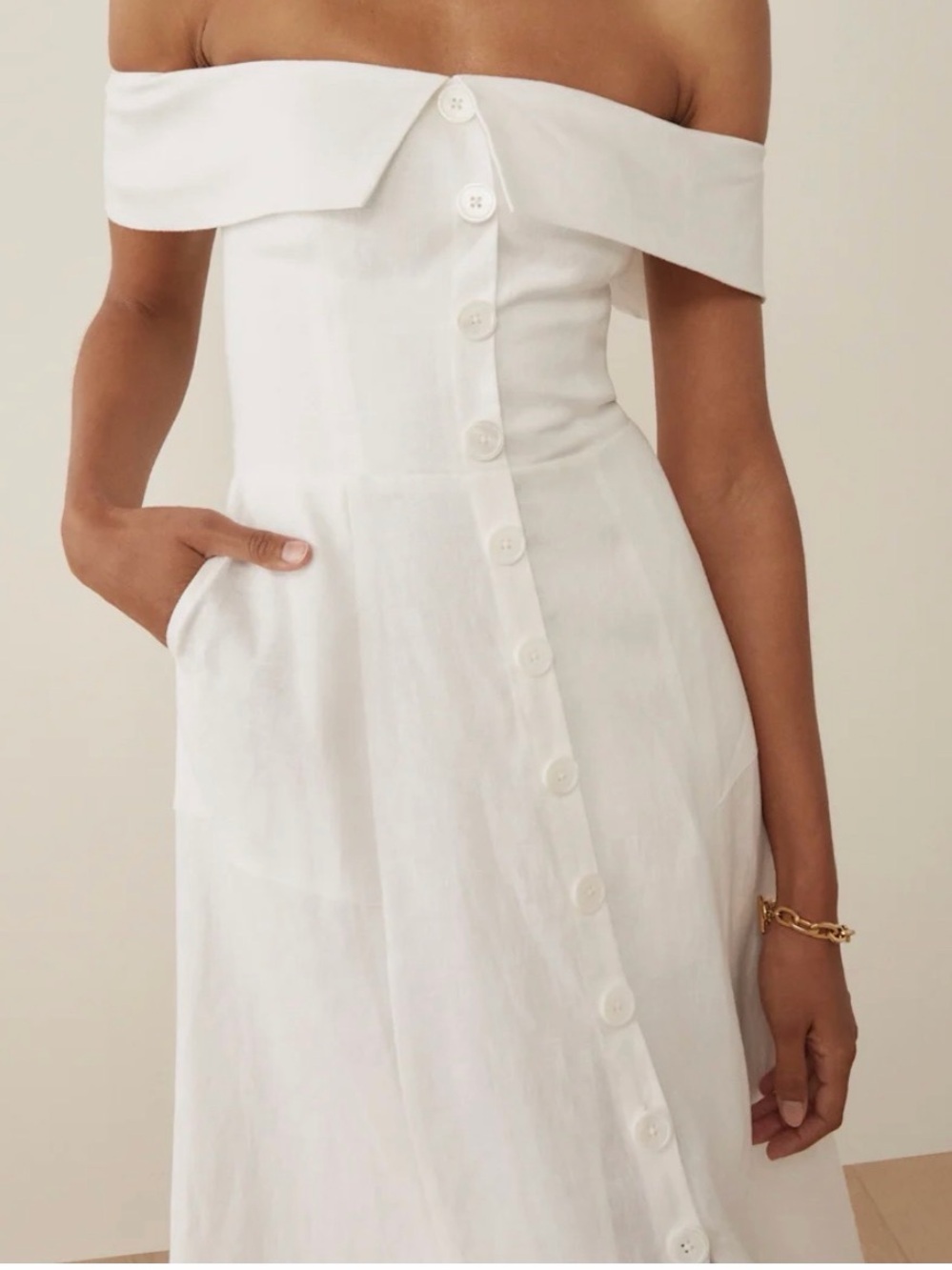 Reformation Off-Shoulder White Button-Front Linen Dress